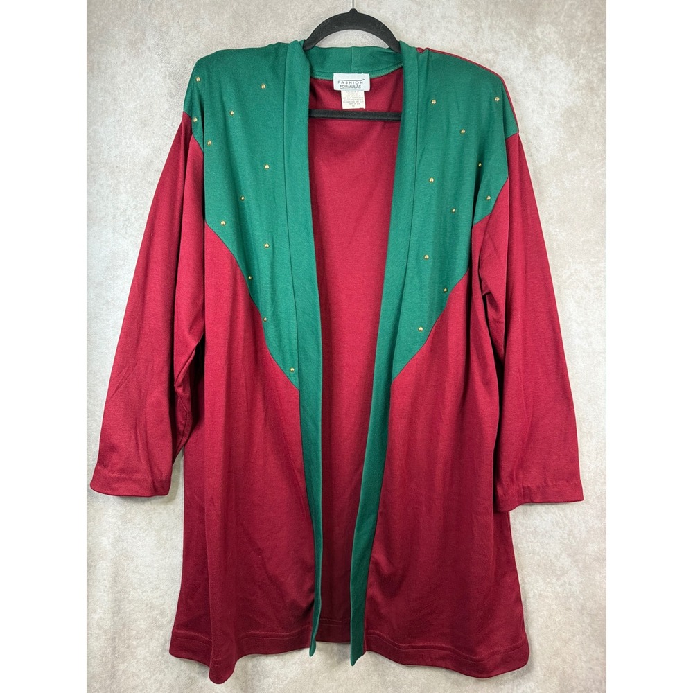 VTG 80s Fashion Formulas Cardigan‎ Sz 1X Maroon Green Colorblock Gold Studs USA